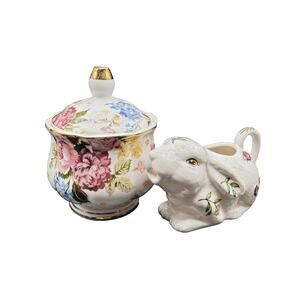 Grace's Teaware Fine Porcelain Floral Sugar Jar and Small Rabbit Creamer